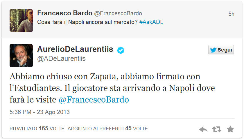 De Laurentiis annuncia Zapata via Twitter